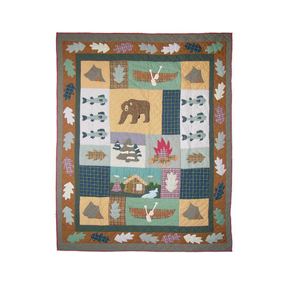 Quilted Cabin Quilt, Hand cut and Appliqued cotton fabric motifs.