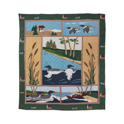 Loons on the lake Quilt, Hand cut and Appliqued cotton fabric motifs.