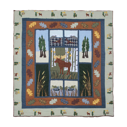 Quilted Moose Quilt, Hand cut and Appliqued cotton fabric motifs.