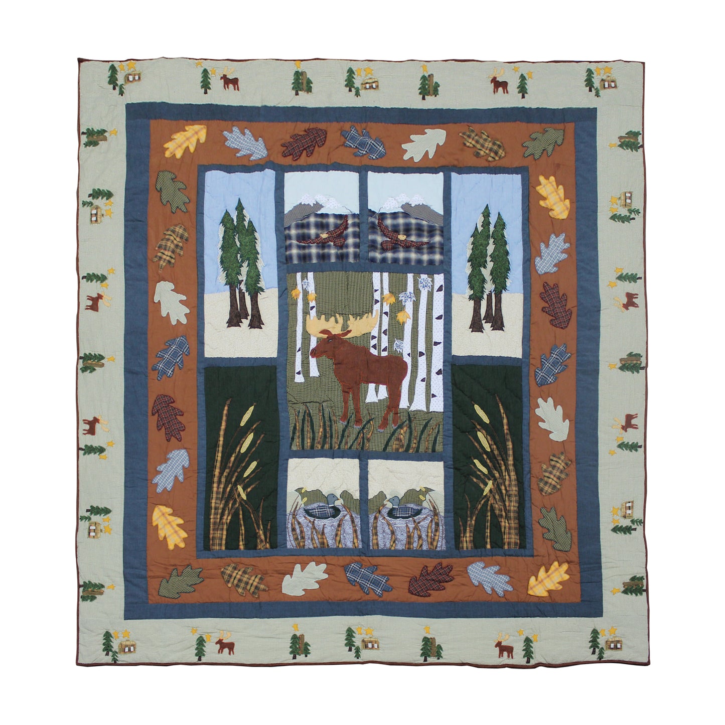 Quilted Moose Quilt, Hand cut and Appliqued cotton fabric motifs.