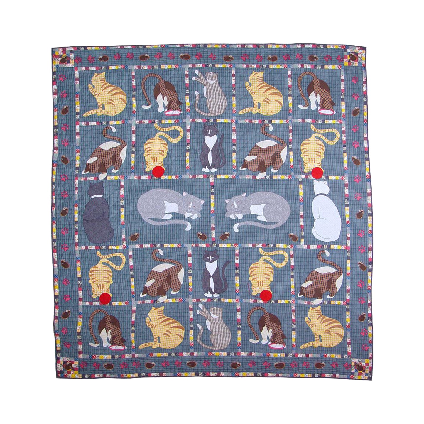 Kitty and Meow Quilt, Hand cut and Appliqued cotton fabric motifs.