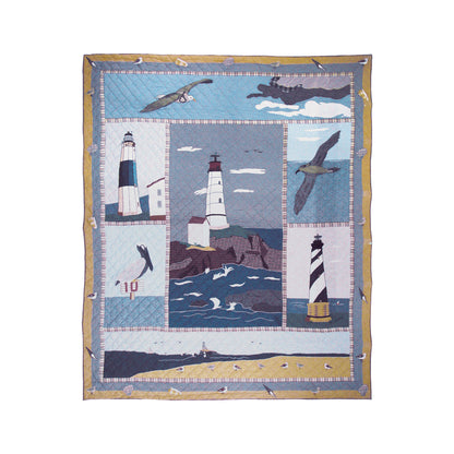 Lighthouse Canvas  Quilt, Hand cut and Appliqued cotton fabric motifs.