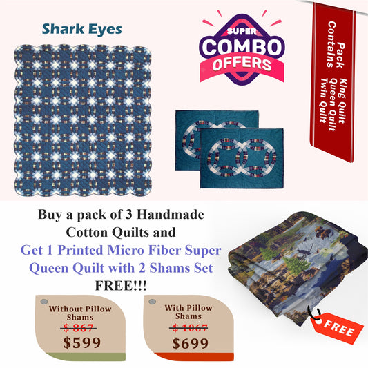 Shark Eyes- Handmade Cotton quilts | Matching pillow shams | Buy 3 cotton quilts and get 1 Printed Microfiber Super Queen Quilt with 2 Shams set FREE