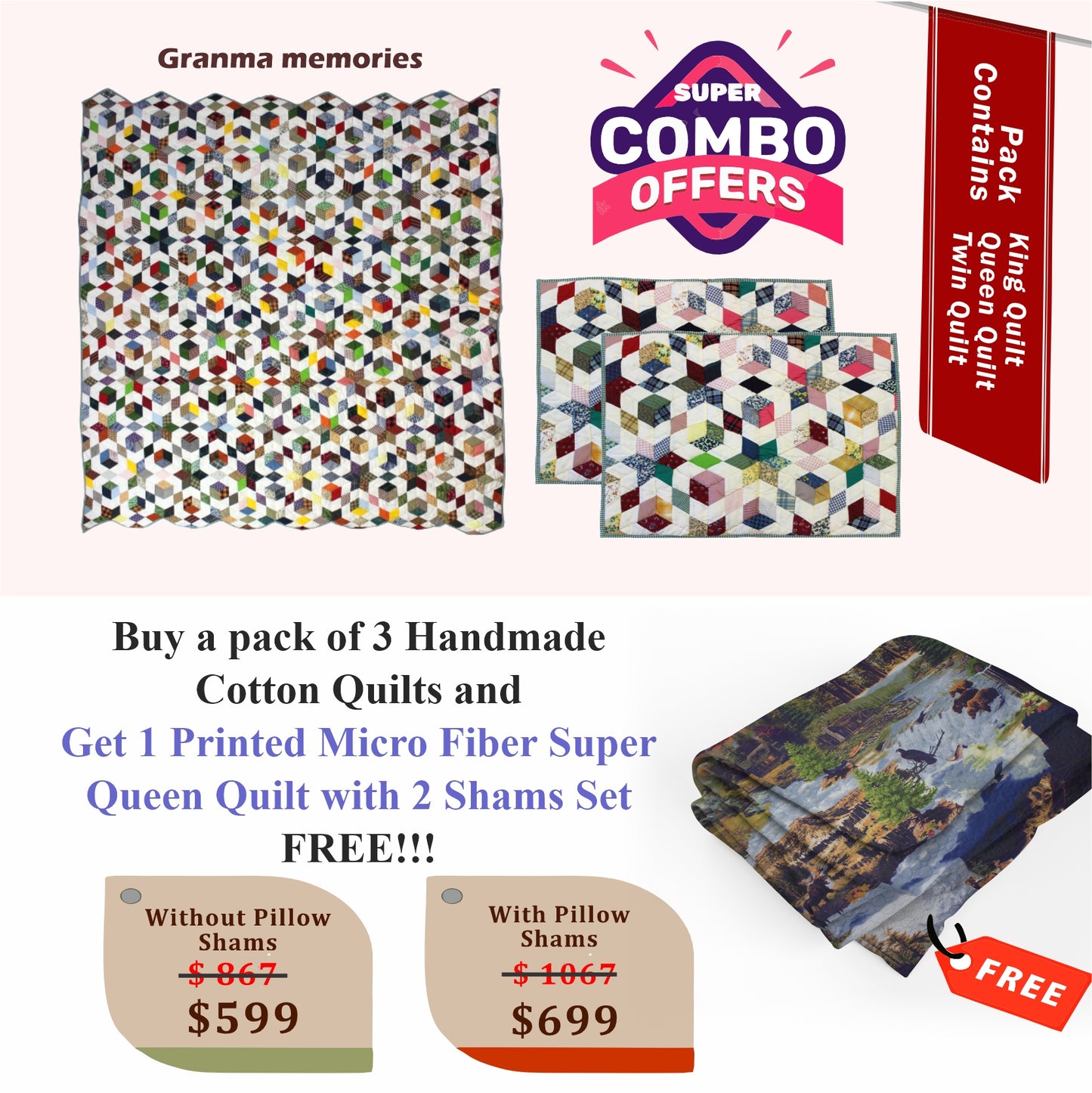 Granma Memory - Handmade Cotton quilts | Matching pillow shams | Buy 3 cotton quilts and get 1 Printed Microfiber Super Queen Quilt with 2 Shams set FREE