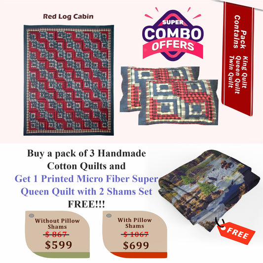 Red Log Cabin - Handmade Cotton quilts | Matching pillow shams | Buy 3 cotton quilts and get 1 Printed Microfiber Super Queen Quilt with 2 Shams set FREE