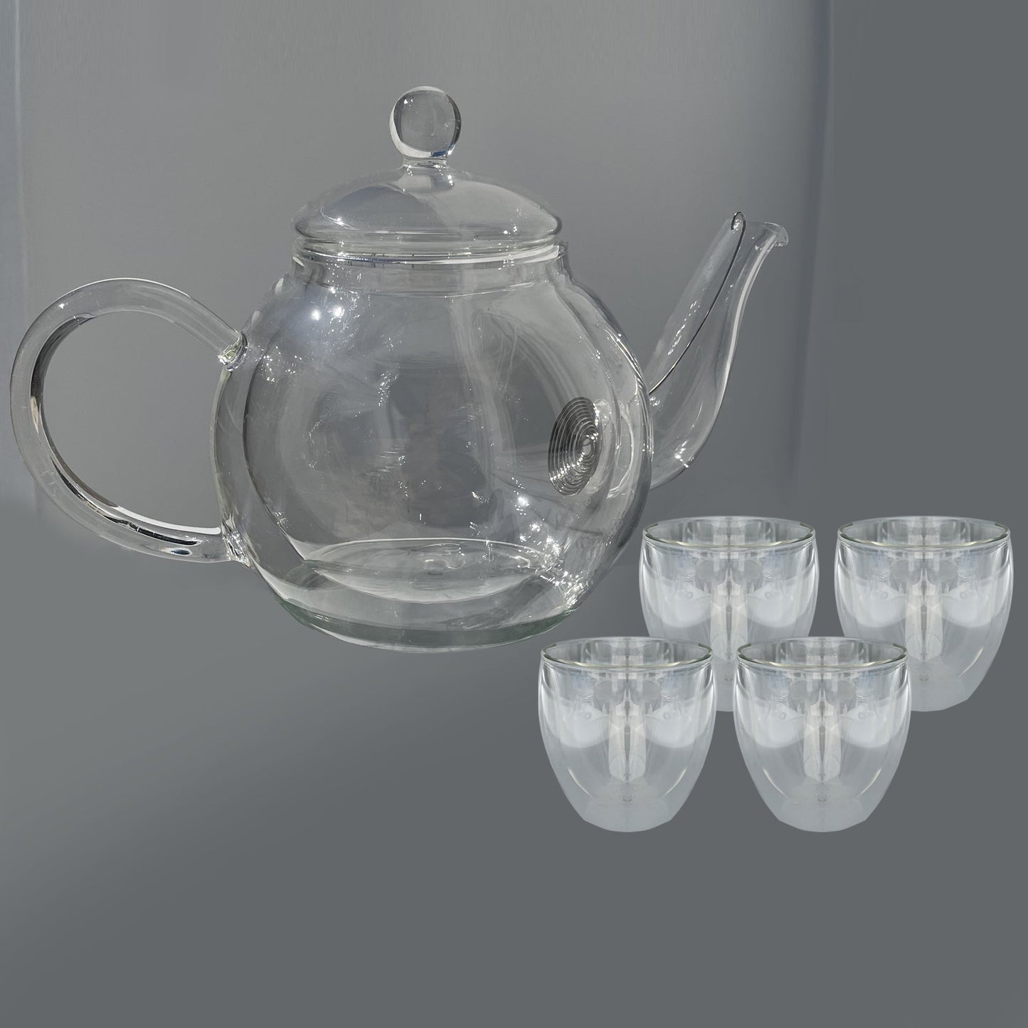 Round Shaped Double Layer Glass Teapot (530 ML), Teapot with Removable Infuser and Lid, Heatproof Safe side handle with Cups