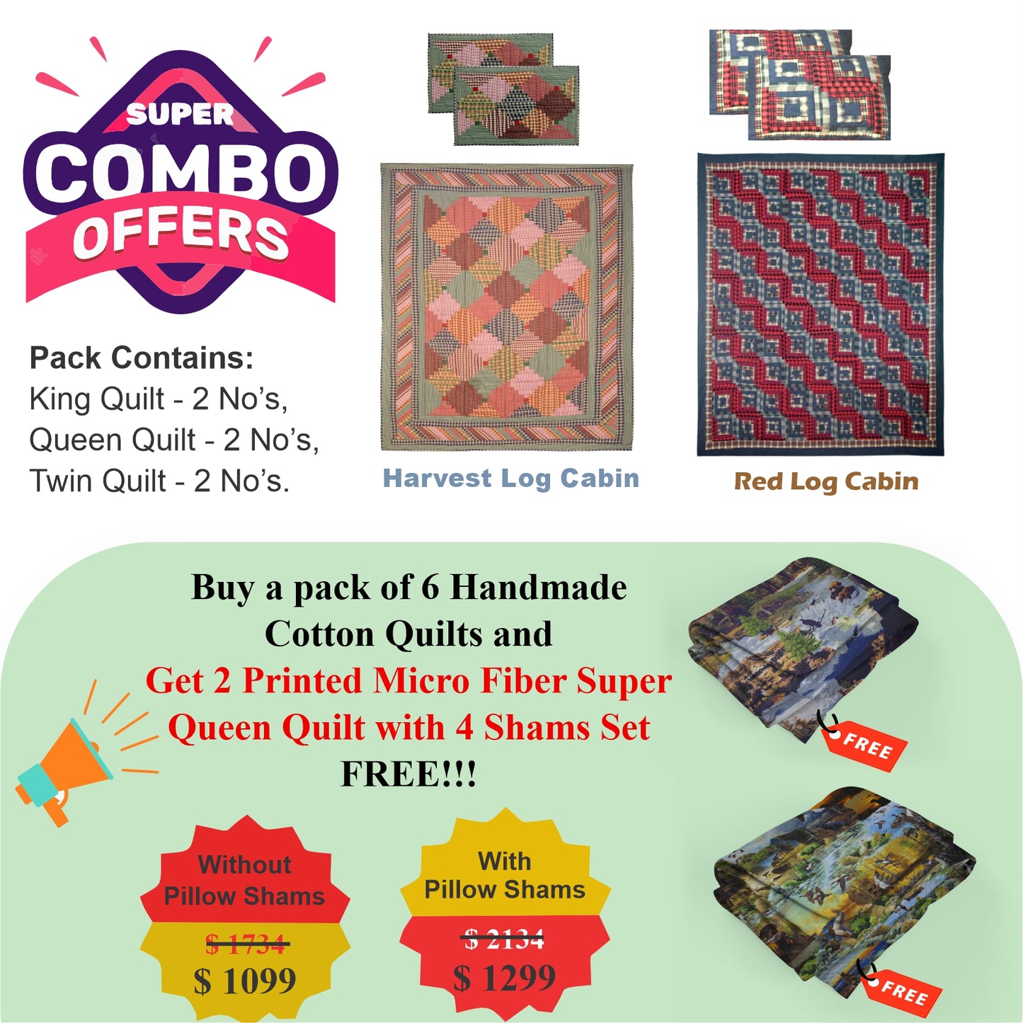 Harvest Log Cabin/Red Log Cabin  - Pack of 6 handmade cotton quilts | Matching Pillow shams | Buy 6 cotton quilts and get 2 Printed Microfiber Super Queen Quilt with 2 Shams