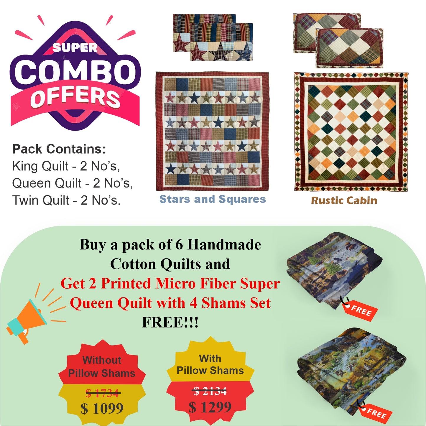 Rustic Cabin /Stars and Squares  - Pack of 6 handmade cotton quilts | Matching Pillow shams | Buy 6 cotton quilts and get 2 Printed Microfiber Super Queen Quilt with 2 Shams