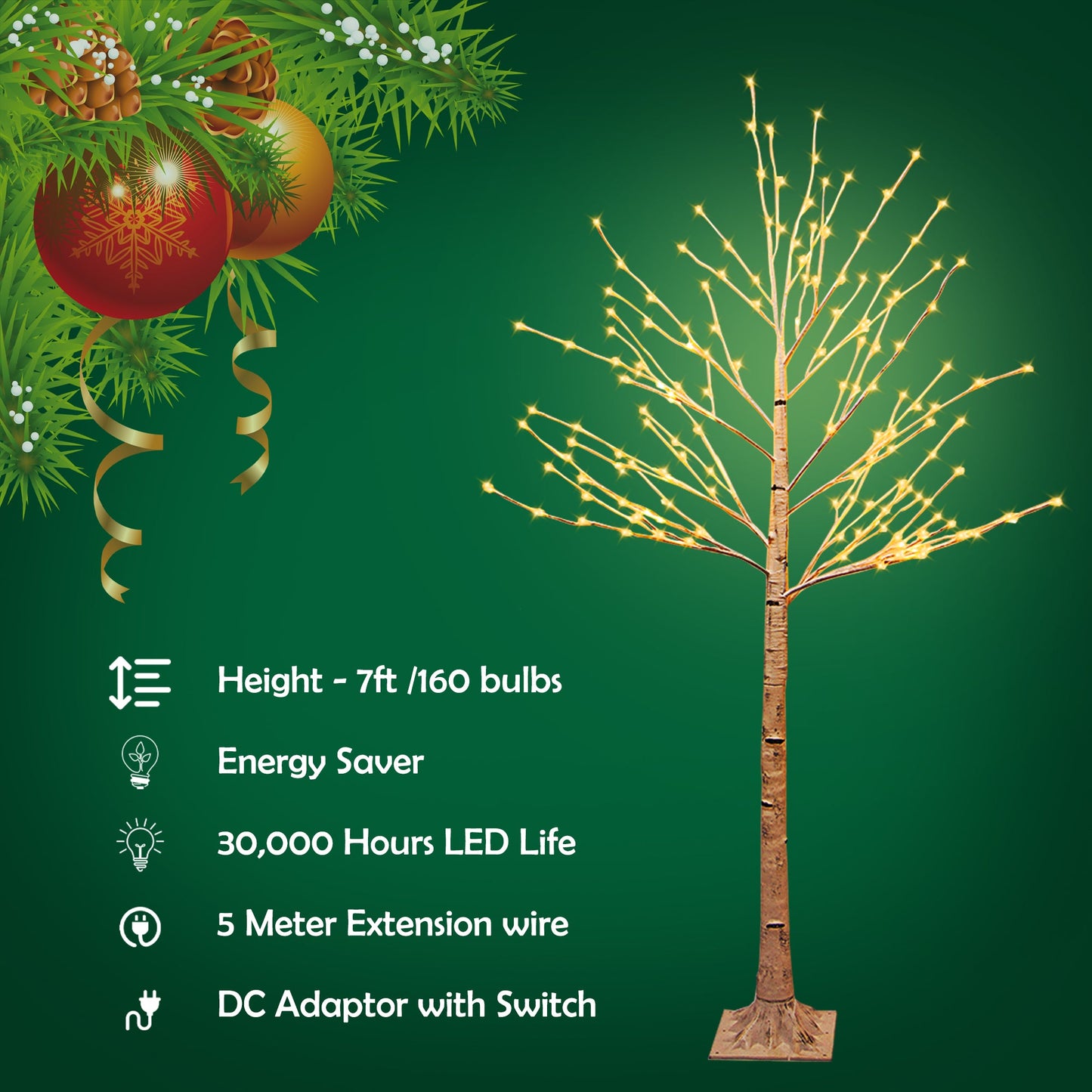 Artificial LED Light Christmas tree, 7 Ft Height White birch tree with 160 Bulbs.