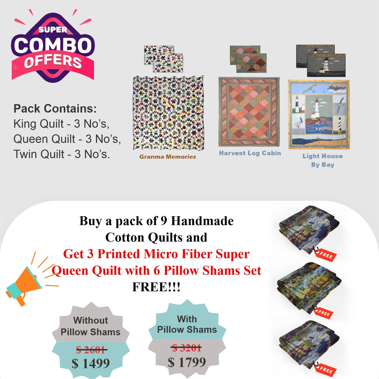 Granma Memory /Harvest Log Cabin/ Light house - Pack of 9 handmade cotton quilts | Matching Pillow shams | Buy 9 cotton quilts and get 3 Printed Microfiber Super Queen Quilt with 3 Shams set FREE!!!