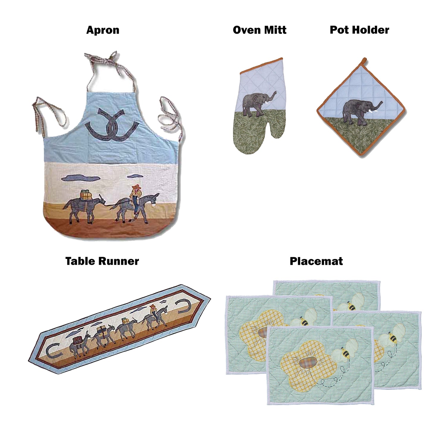 Patchmagic's Kitchen accessories - Set of 5 - Apron, Oven Mitt, Pot holder, Table runner, and 4 number Place mats