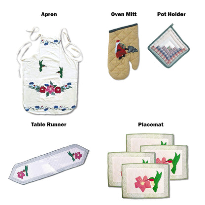 Patchmagic's Kitchen accessories - Set of 5 - Apron, Oven Mitt, Pot holder, Table runner, and 4 number Place mats
