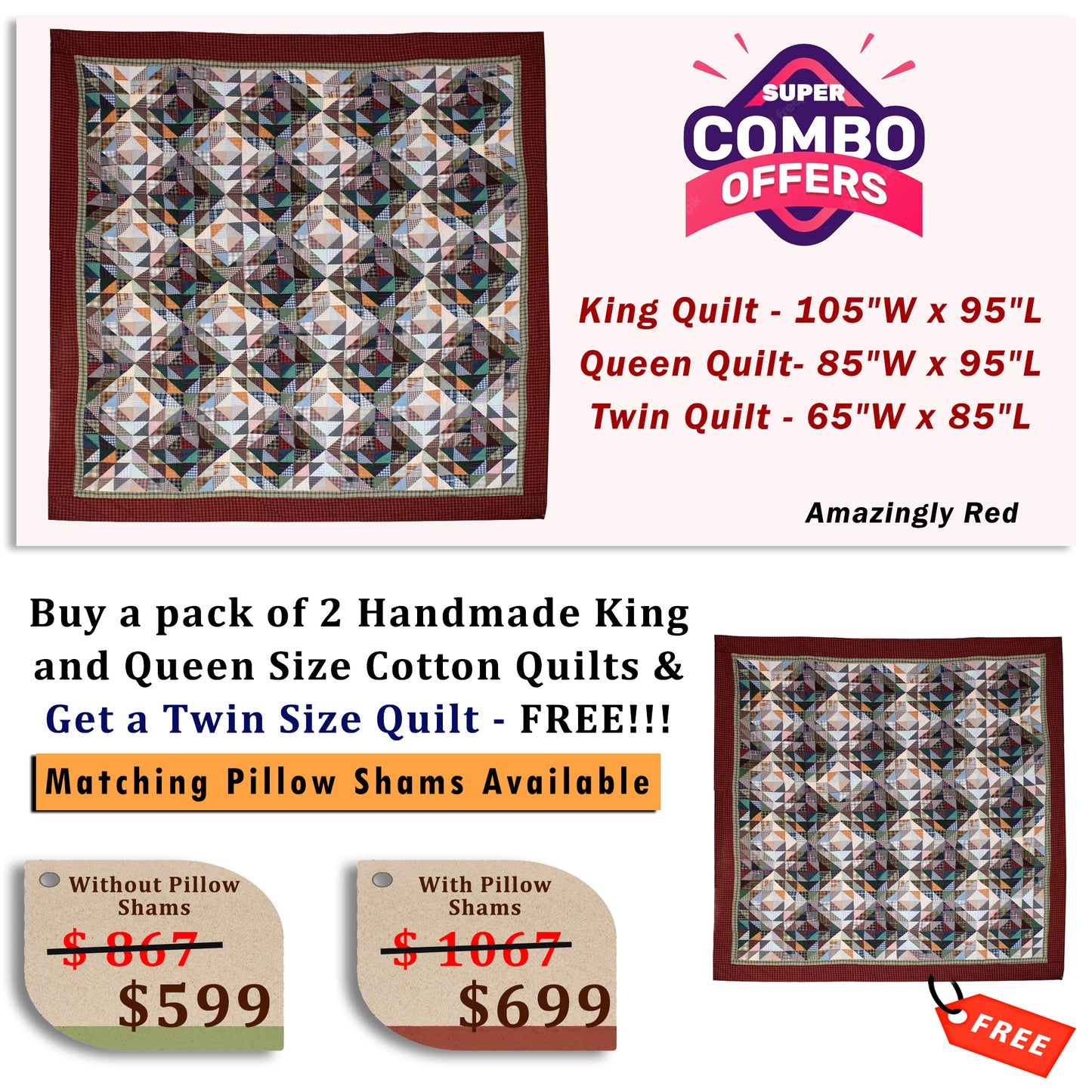 Amazingly Red- Buy a pack of King and Queen Size Quilt, and get a Twin Size Quilt FREE!!!