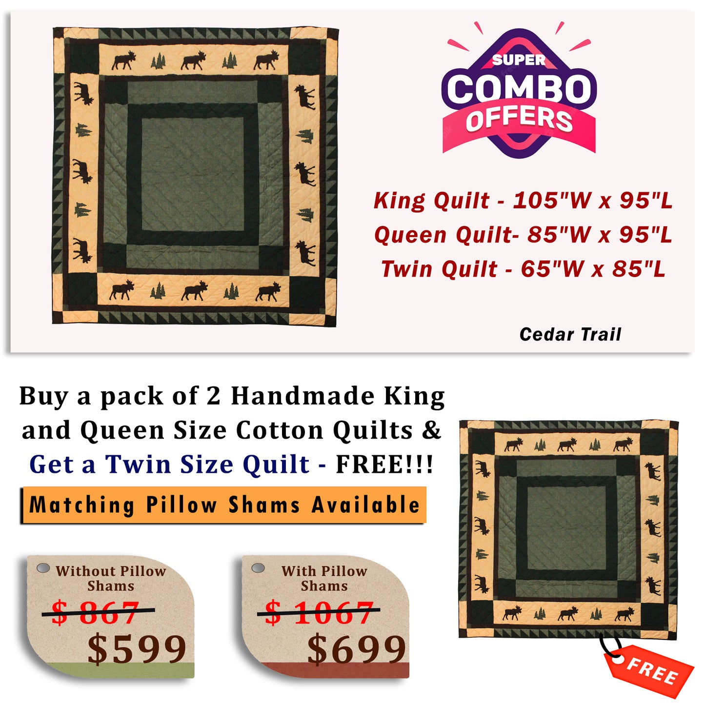 Cedar Trail - Buy a pack of King and Queen Size Quilt, and get a Twin Size Quilt FREE!!!