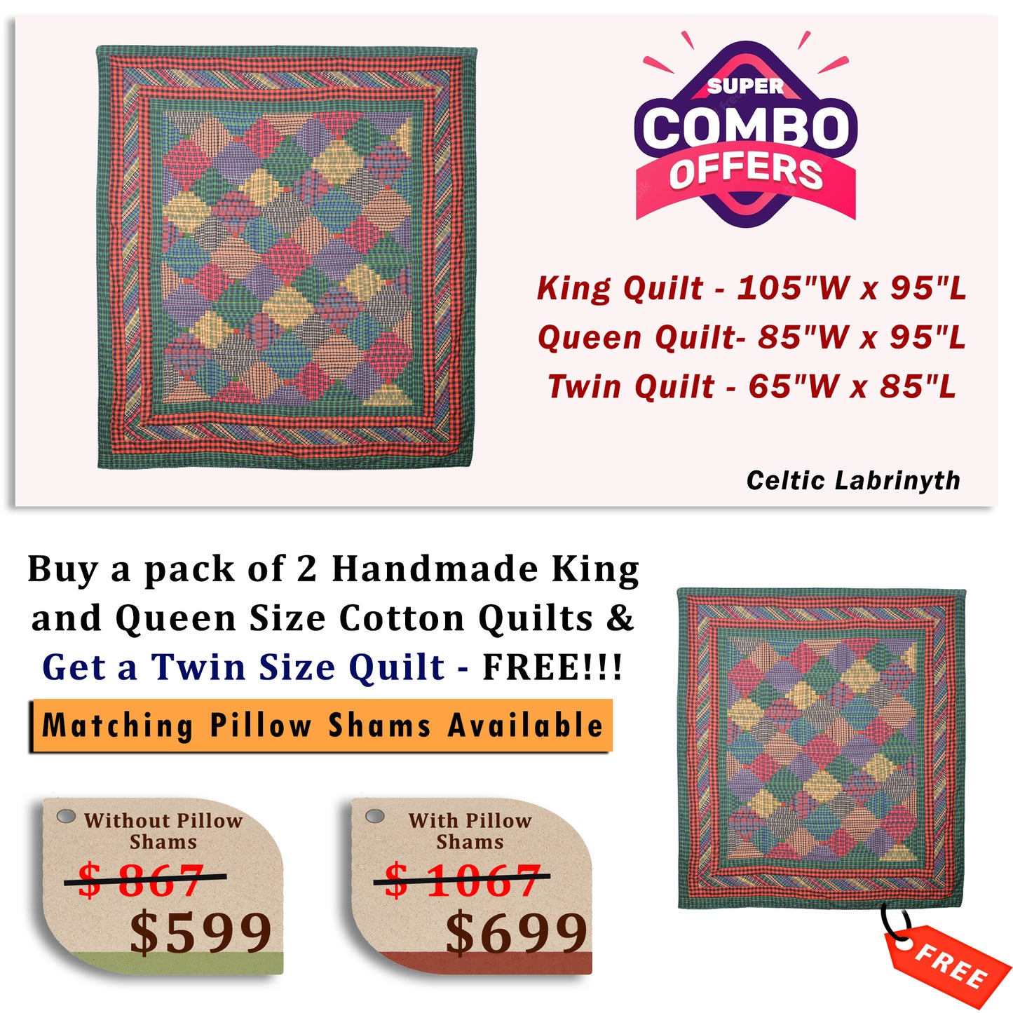 Celtic Labrinyth - Buy a pack of King and Queen Size Quilt, and get a Twin Size Quilt FREE!!!