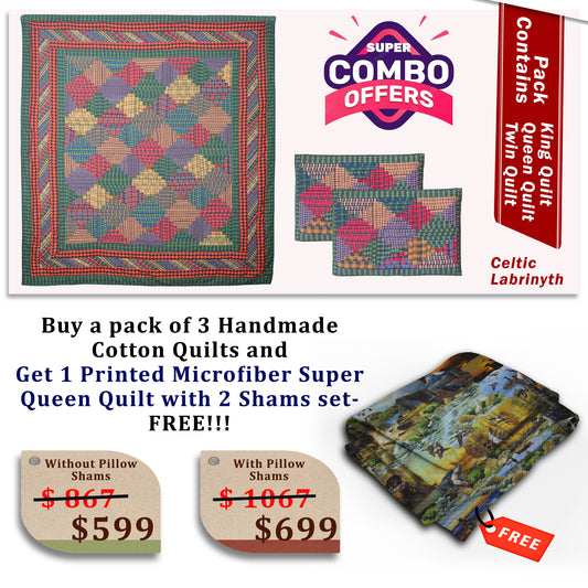 Celtic Labrinyth - Handmade Cotton quilts | Matching pillow shams | Buy 3 cotton quilts and get 1 Printed Microfiber Super Queen Quilt with 2 Shams set FREE