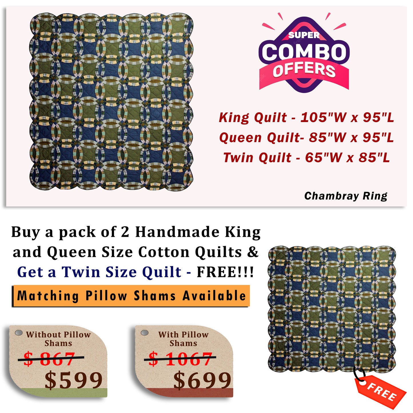 Chambray Whirl - Buy a pack of King and Queen Size Quilt, and get a Twin Size Quilt FREE!!!