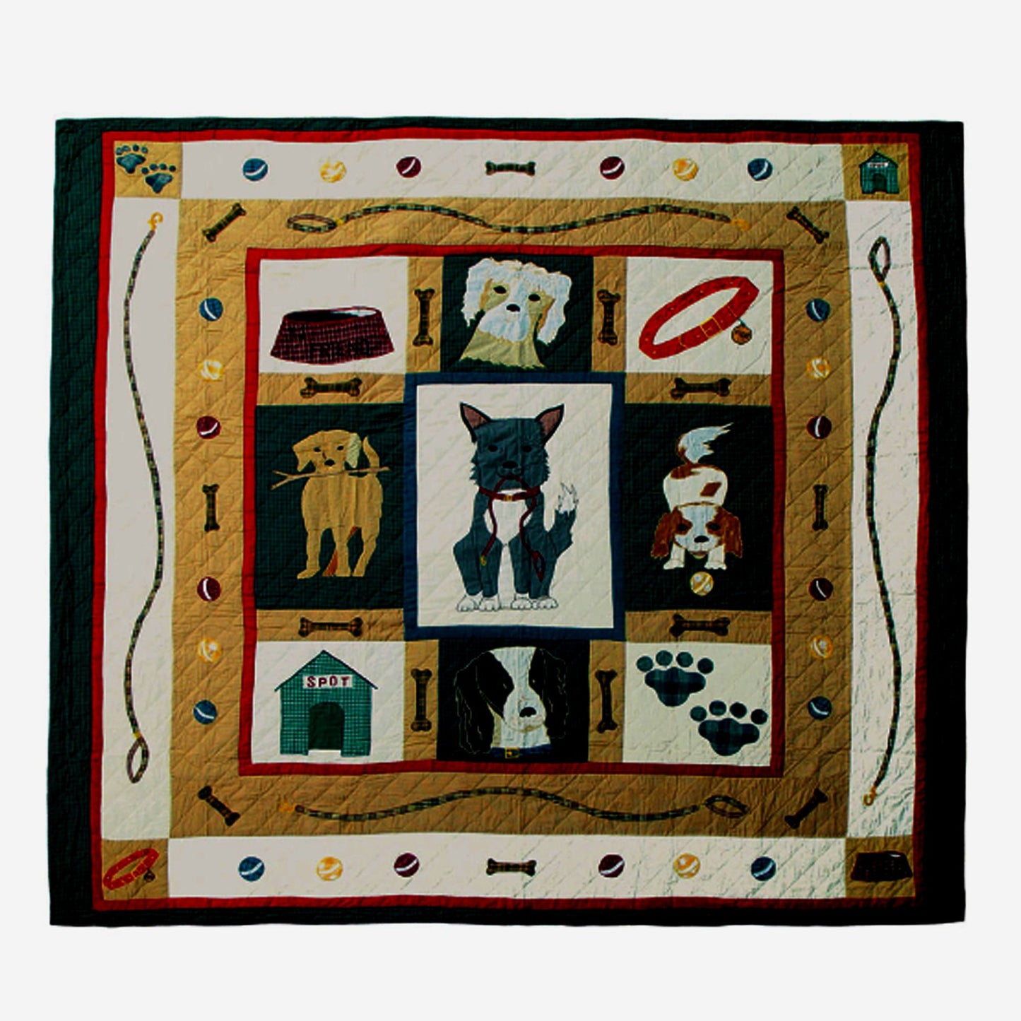 Cheeky Pet/ Fido/ Dog Twin (65"Wx85"L) Cotton Quilt, Hand cut and Appliqued cotton fabric motifs