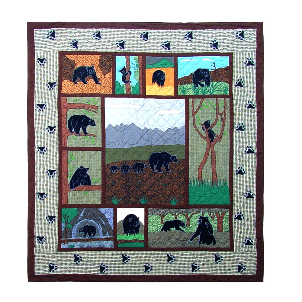 Patch Magic's Embroidered Duvet Cover - Cotton and Handmade Duvet Cover Bear Country Duvet Cover This is a handsome sage green quilt which houses black bears in all their habitats including the cutest line up of bear cubs behind gigantic papa bear and mama bear.  The queue up of bear tracks on the edges of the quilt completes this bear country and makes this the best choice for any cabin.
