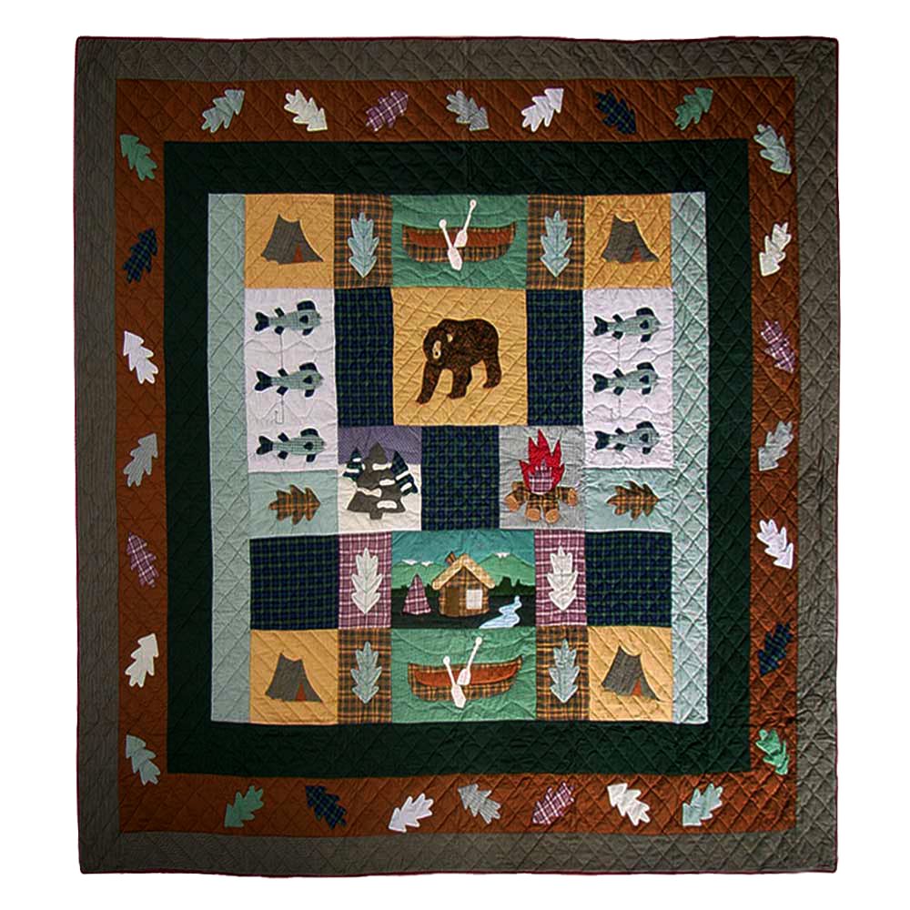 Patch Magic's Embroidered Duvet Cover - Cotton and Handmade Duvet Cover  Cabin Duvet Cover   A Cozy ill addition for your cabin in the woods or lodge. The cabin collection lets your hideaway in cozy coordinates of warm homespun plaids, rustic fabrics, hunting icons of log cabins, trout, canoes, log wood fires pitched tents rustling fallen leaves and towering brown bears that welcomes you like an old friend.