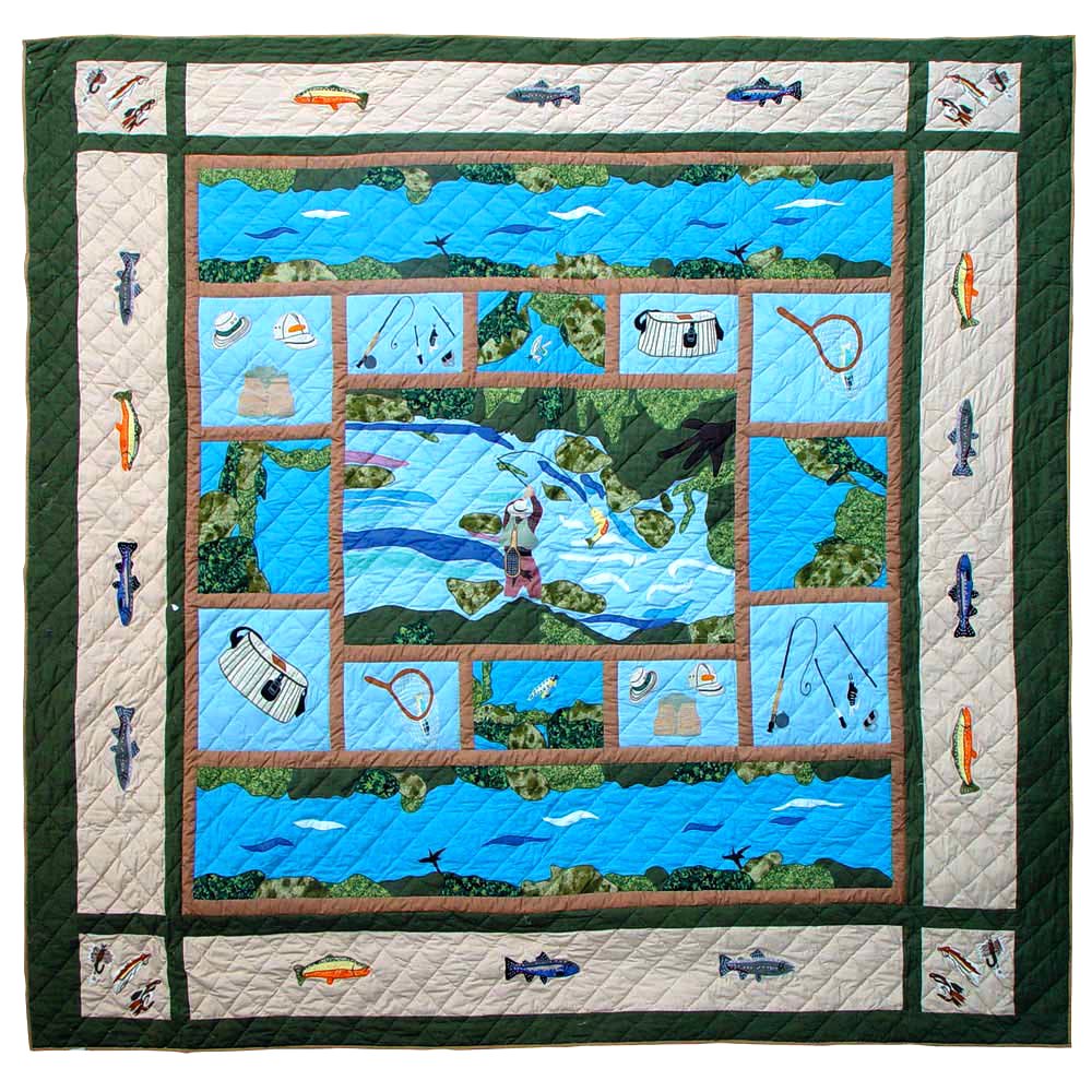 Patch Magic's Embroidered Duvet Cover - Cotton and Handmade Duvet Cover   Fly Fishing Duvet Cover With the fisher man in the center and the flying fish in the warm seas frequently leaping out of the water, and using its wing-like fins to glide, guides our eyes to go behind it which forms a lively attractive sight in this Duvet Cover. While the fishing poles, nets and its other accessories makes it natural with a trove of its trout’s.