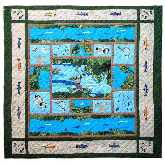 Patch Magic's Embroidered Duvet Cover - Cotton and Handmade Duvet Cover   Fly Fishing Duvet Cover With the fisher man in the center and the flying fish in the warm seas frequently leaping out of the water, and using its wing-like fins to glide, guides our eyes to go behind it which forms a lively attractive sight in this Duvet Cover. While the fishing poles, nets and its other accessories makes it natural with a trove of its trout’s.