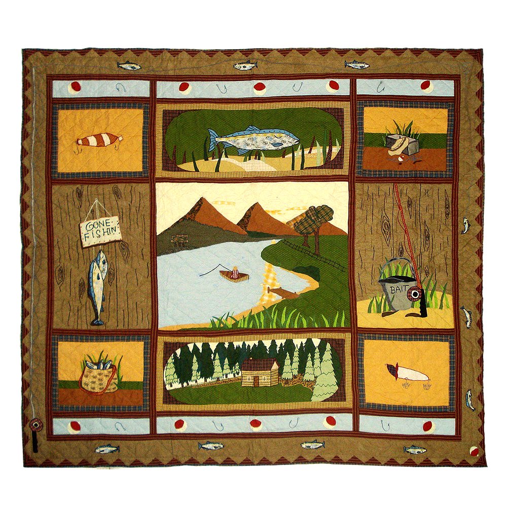 Patch Magic's Embroidered Duvet Cover - Cotton and Handmade Duvet Cover    Gone Fishing Duvet Cover This Duvet Cover with brown triangles border, depicts a grandeur of a fishing pond surrounded by mountains. It elaborates and escalates our imagination. This pond seems to contain fish of all sizes. The fisherman in the middle of the pond seems to have a hobby and happiness in fishing. He has already caught many fish stuffed in his basket, while he is waiting for a big catch, using his fishing rod and reels