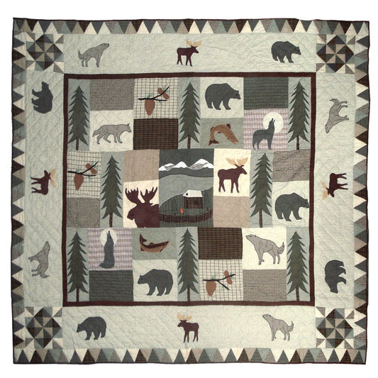 Patch Magic's Embroidered Duvet Cover - Cotton and Handmade Duvet Cover Mountain Whispers Duvet Cover The Mountain Whispers bedding collection is designed for wildlife lover. The simplicity of the Mountain Whispers Bedding set is the one which makes it so beautiful, and so perfect for any cabin, lodge rustic home or retreat. It consists of crafted moose, bears, wolves, and pines in a valley.