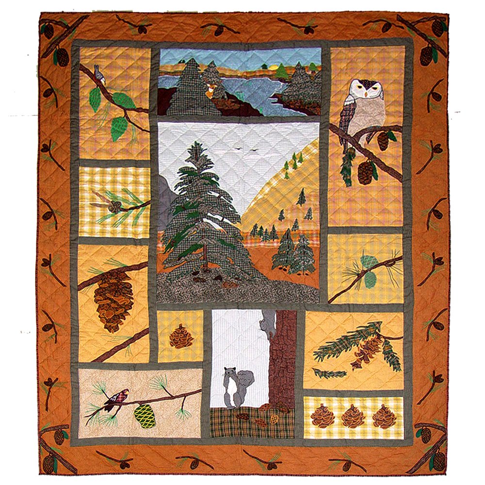 Patch Magic's Embroidered Duvet Cover - Cotton and Handmade Duvet Cover Pinecone Duvet cover The pine trees, with their branches of needle leaves and budded out with fruits and owls and birds perched on them, with a squirrel having its feed are wondrous sights in this quilt not to mention the woody full pinecones detailed up-to the showy scales.