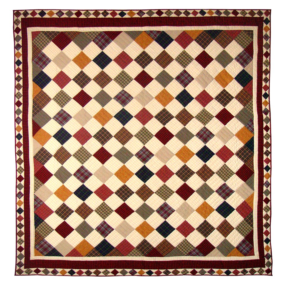 Patch Magic's Patchworked Duvet Cover - Cotton and Handmade Duvet Cover Rustic Cabin Duvet Cover - Find your favorite cabin hidden between creamy patches and multi-colored rustic plaid squares. This quilt has diamond studs for borders framed in burgundy with an equal balance of color and pattern. 
