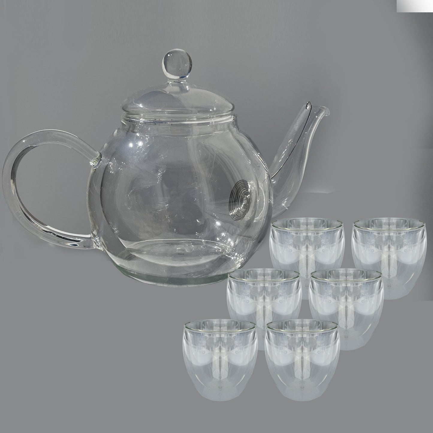 Round Shaped Double Layer Glass Teapot (530 ML), Teapot with Removable Infuser and Lid, Heatproof Safe side handle with Cups