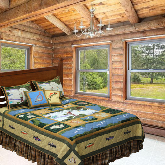 Rock Creek Fishing Quilt, Hand cut and Appliqued cotton fabric motifs.