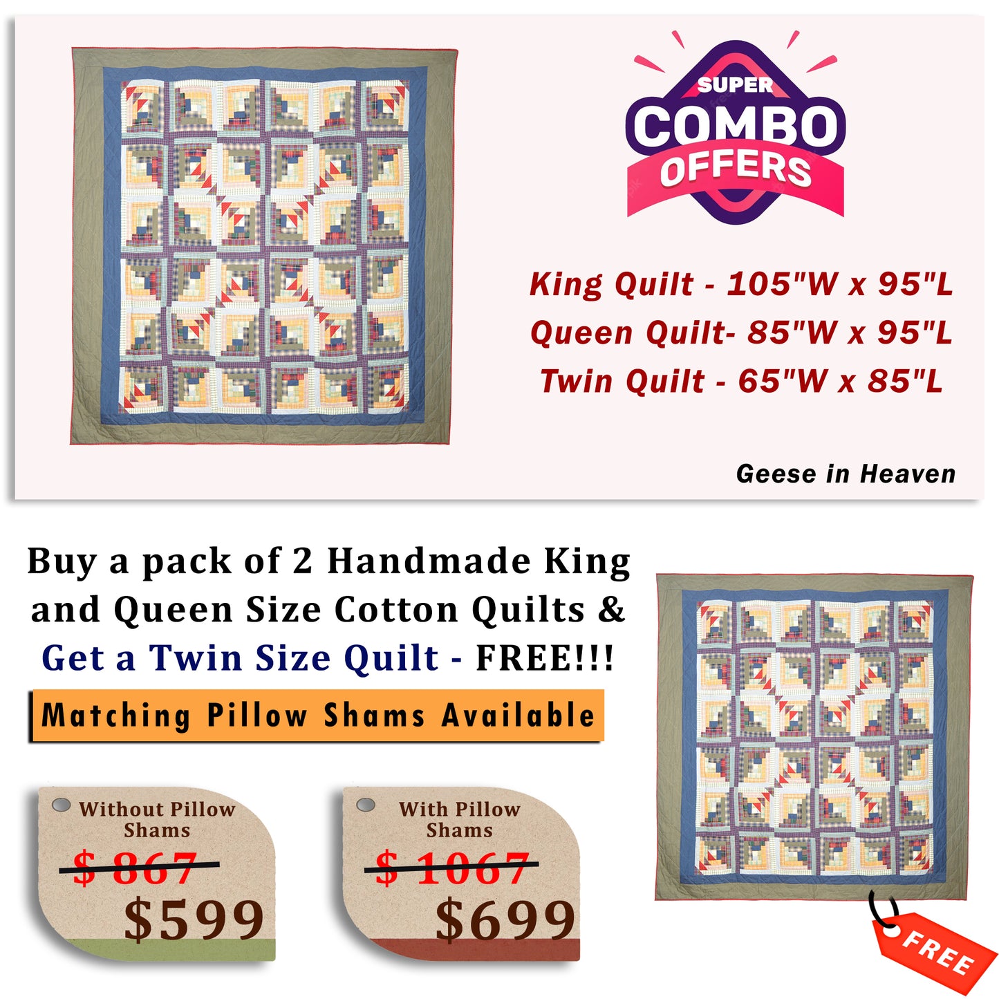 Geese in heaven - Buy a pack of King and Queen Size Quilt, and get a Twin Size Quilt FREE!!!