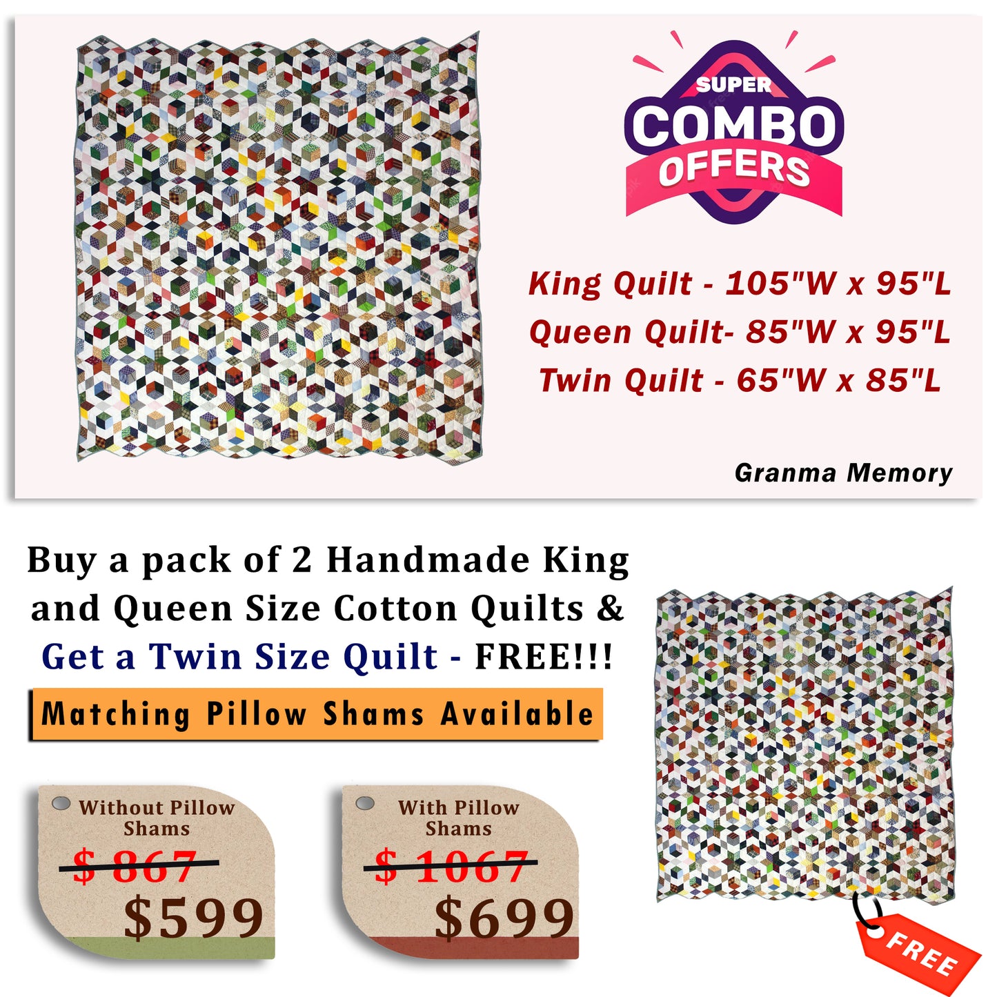 Granma Memory - Buy a pack of King and Queen Size Quilt, and get a Twin Size Quilt FREE!!!