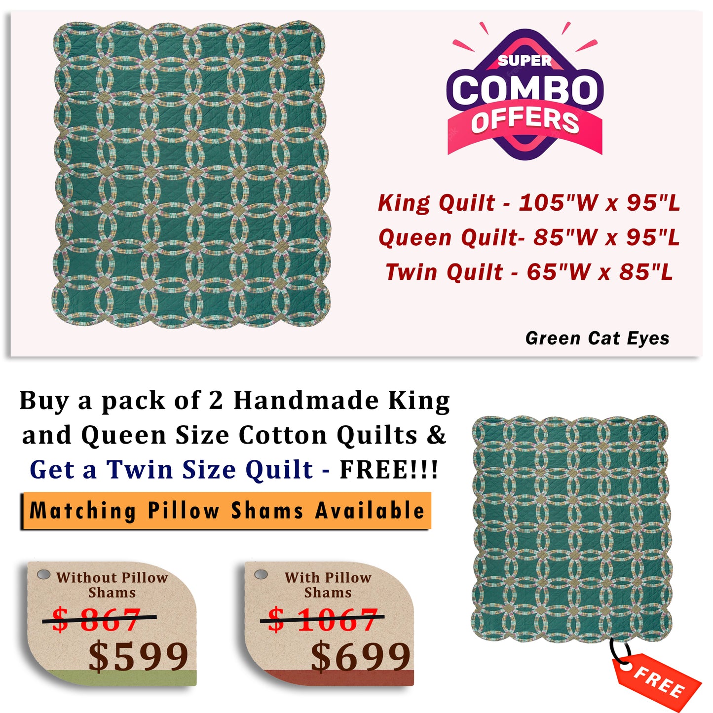 Green Cats Eye - Buy a pack of King and Queen Size Quilt, and get a Twin Size Quilt FREE!!!