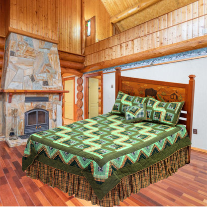 Patch Magic’s Green Log Cabin Quilt - Woodland green traditional log cabin patches make this a classic ensemble that is timeless and never outdated. The pattern plaits cool blues light green and dark green.