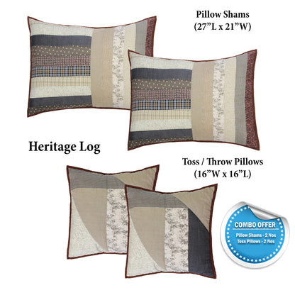 Pillow Shams and Throw Pillow Combo- Set of 4 Pieces ( 2 Shams and 2 Pillow) 100% Cotton, Hand Quilted and Hand Embroidered/ Patch Work.