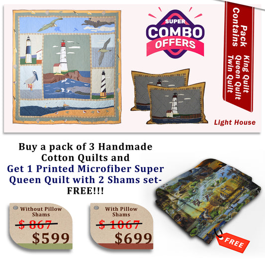 Light House - Handmade Cotton quilts | Matching pillow shams | Buy 3 cotton quilts and get 1 Printed Microfiber Super Queen Quilt with 2 Shams set FREE