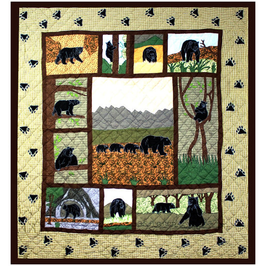 Patch Magic’s Bear Country - Embroidered Lap / Throw Quilt - Filled with Soft Cotton, Handmade, 100% Cotton Throw/lap Quilt. 