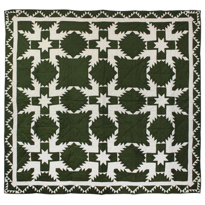 Green Feathered Star Quilt, Hand cut and Patchwork cotton fabric blocks.