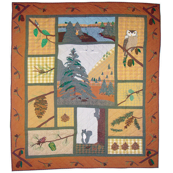 Quilted Pinecones Quilt, Hand cut and Appliqued cotton fabric motifs.