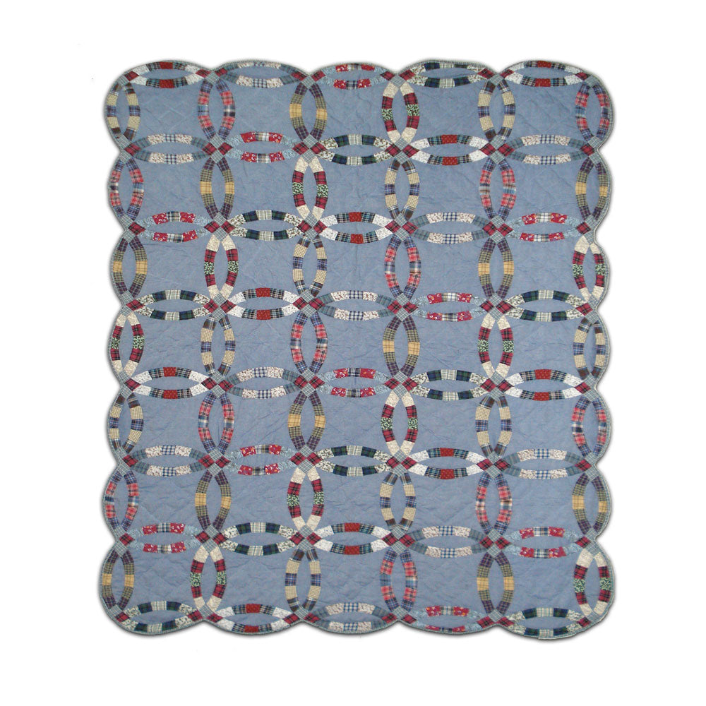  Patch Magic’s – Denim Double wedding ring quilt - Binding circles of colorful plaid on denim is brought together in this unique pattern. With a distinct wedding band cut border style this is sure to catch the eye. 
