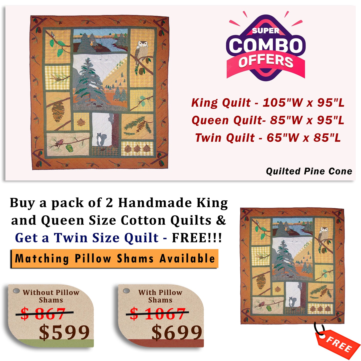 Pine Cone - Buy a pack of King and Queen Size Quilt, and get a Twin Size Quilt FREE!!!