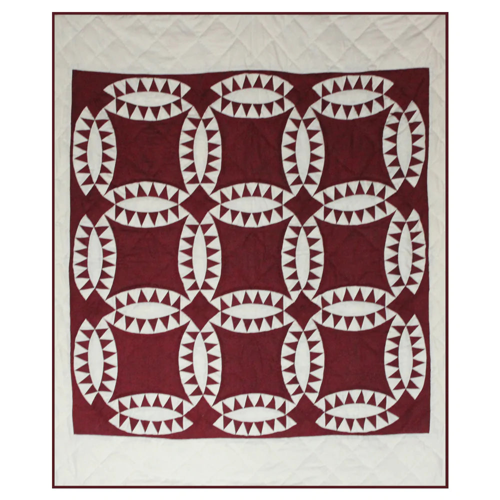 Red Wedding Ring Quilt, Hand cut and Patchwork cotton fabric blocks.