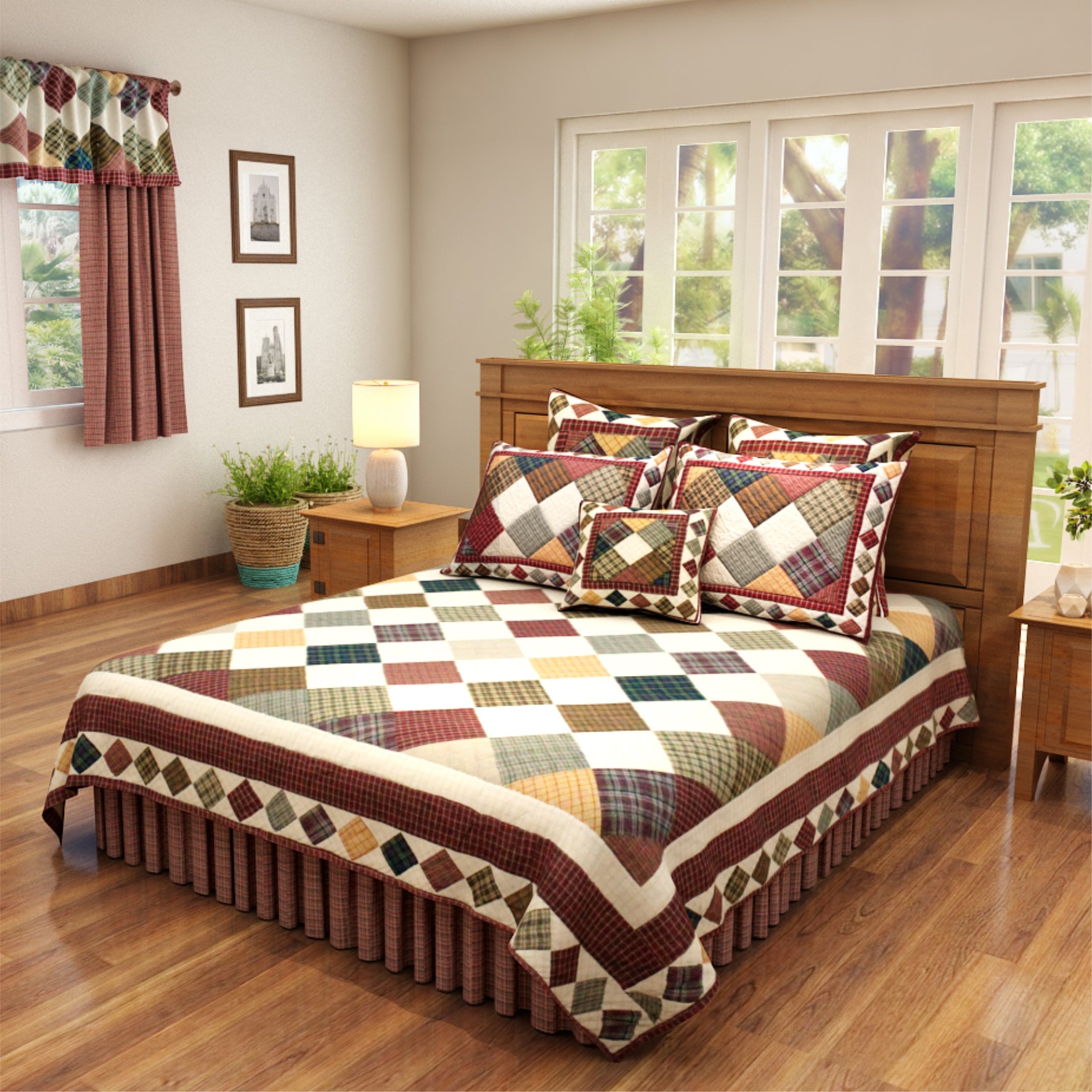 Patch Magic’s Rustic Ambers Quilt - Discover your favorite cottage among creamy patches and multi-colored rustic plaid squares. With an equal mix of color and design, this quilt has diamond stud borders framed in burgundy.