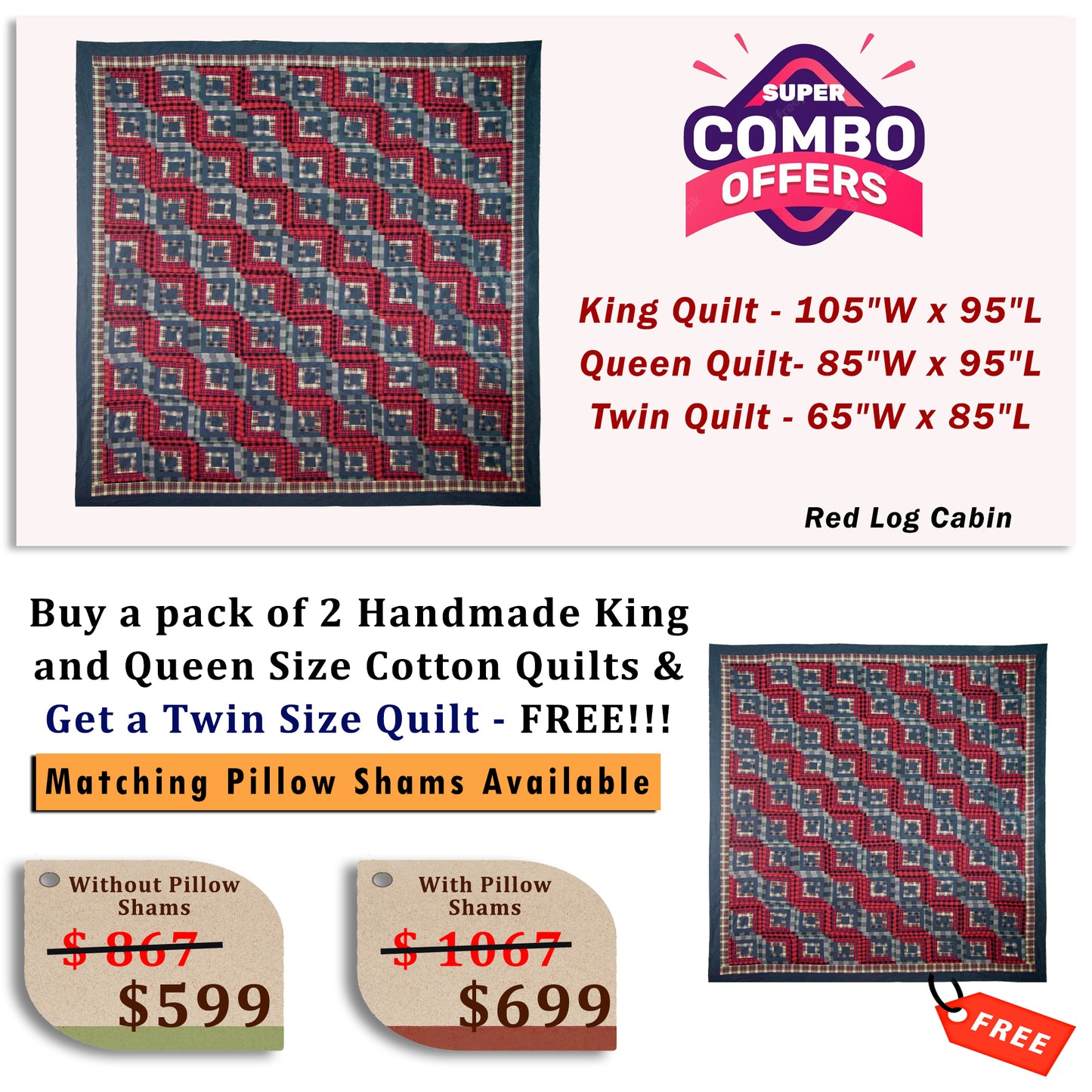Red Log Cabin - Buy a pack of King and Queen Size Quilt, and get a Twin Size Quilt FREE!!!