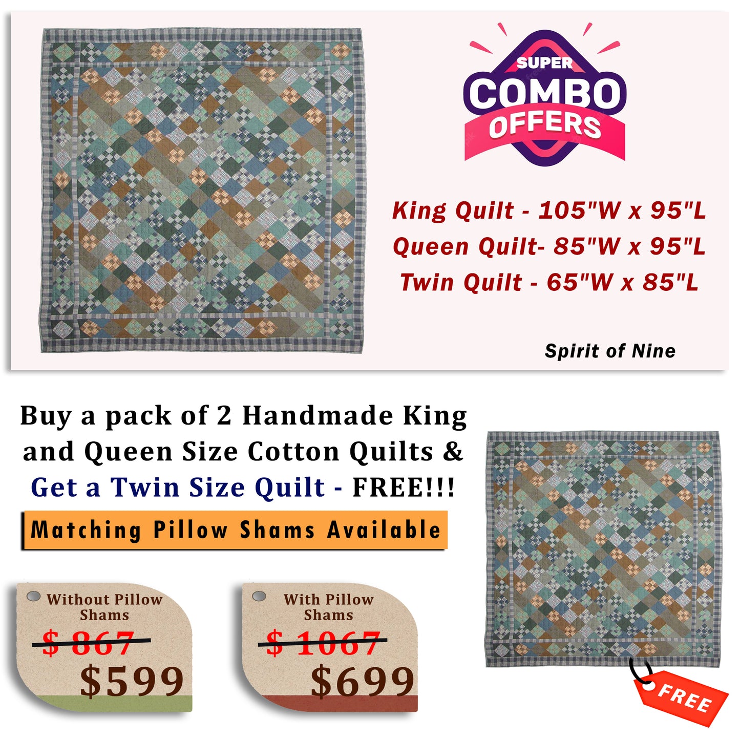 Spirit of Nine - Buy a pack of King and Queen Size Quilt, and get a Twin Size Quilt FREE!!!