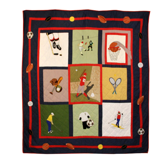 Sports and Games Twin (65"Wx85"L) Cotton Reversible Quilt, Hand cut and Appliqued cotton fabric motifs