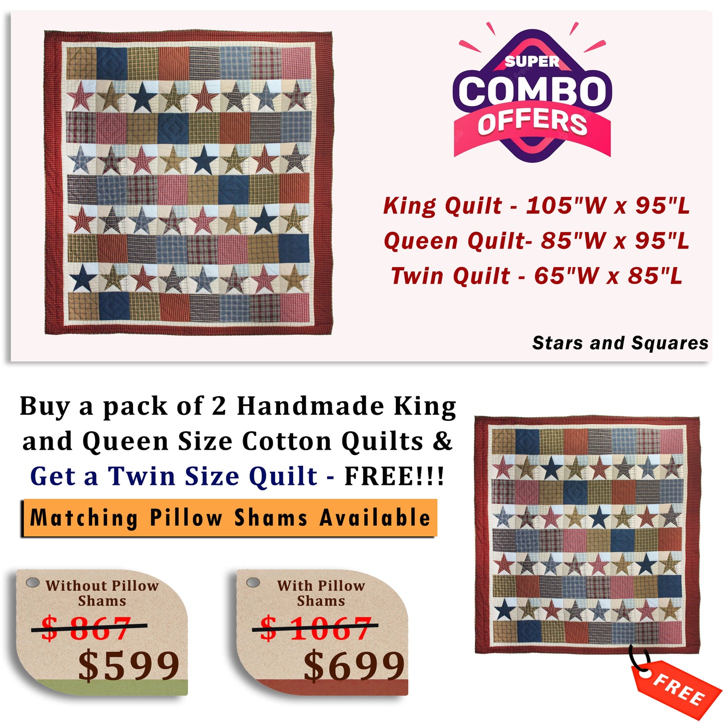 Stars and Squares - Buy a pack of King and Queen Size Quilt, and get a Twin Size Quilt FREE!!!