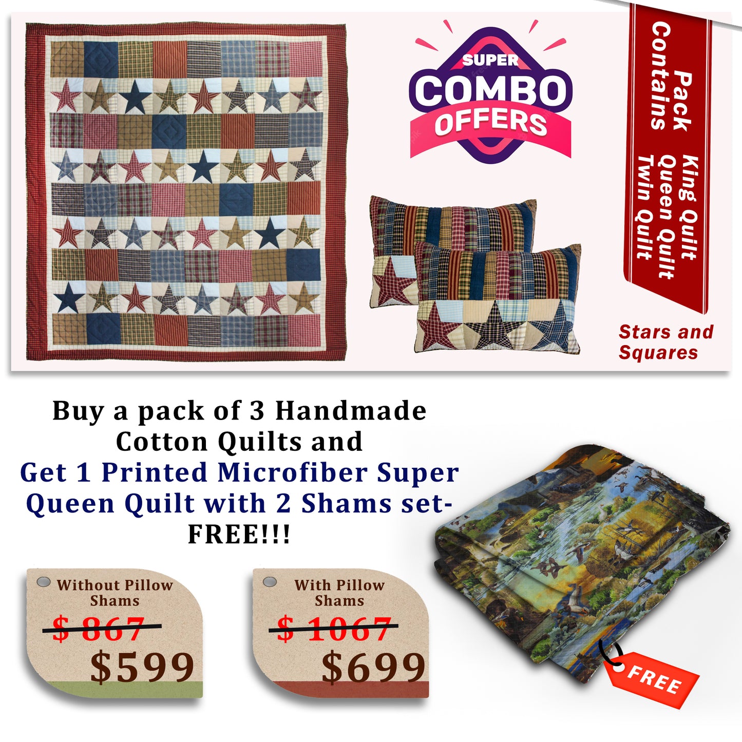 Stars and Squares - Handmade Cotton quilts | Matching pillow shams | Buy 3 cotton quilts and get 1 Printed Microfiber Super Queen Quilt with 2 Shams set FREE